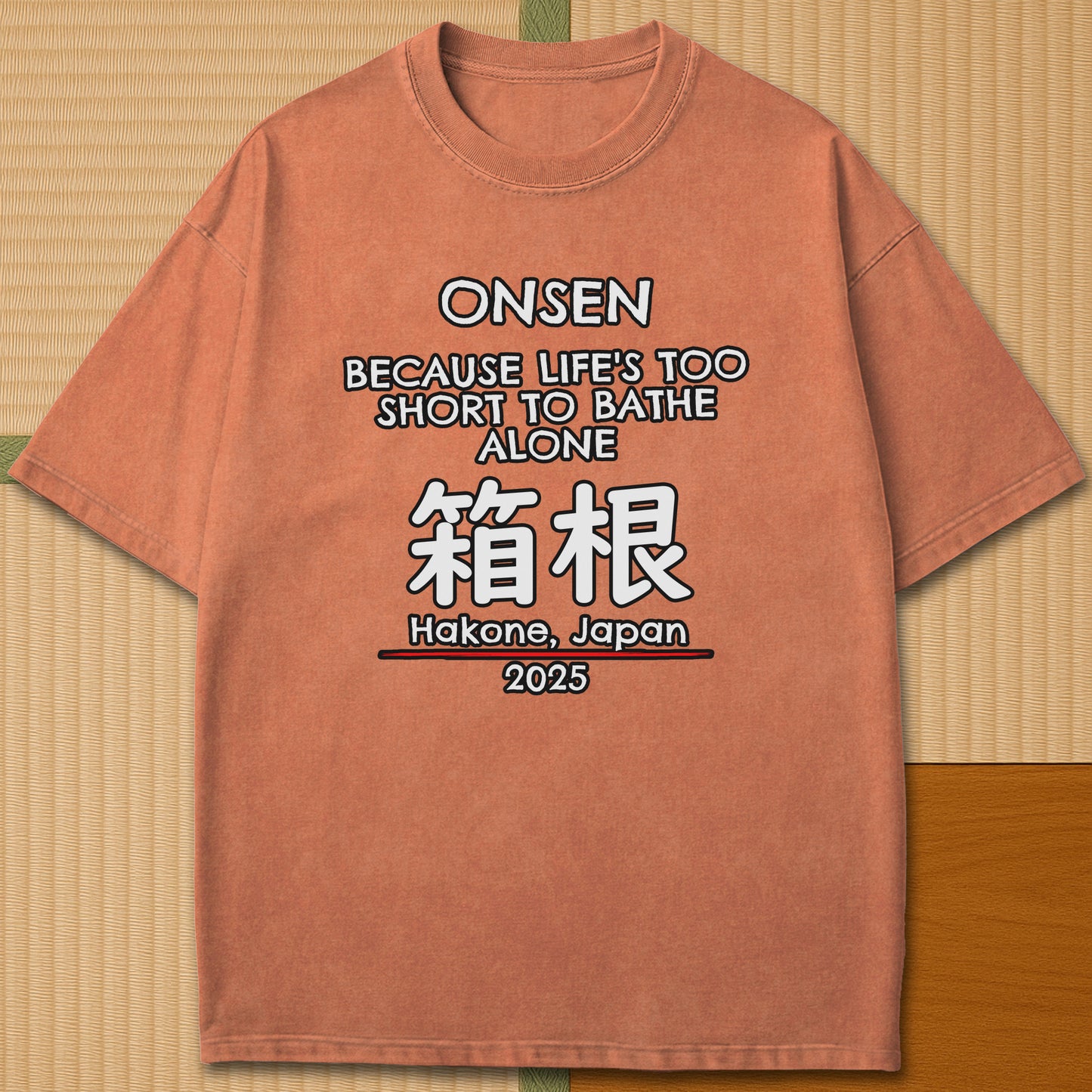 Japanese-inspired cotton Onsen Hakone T-Shirt in Yam on Comfort Colors 1717, styled in a modern flatlay scene.