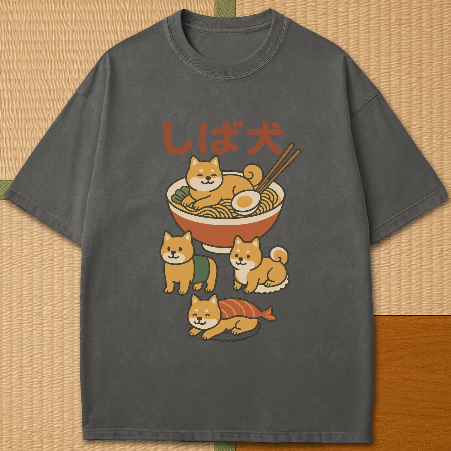 Japanese-inspired cotton Shiba Sushi Ramen Dreams T-Shirt in Pepper on Comfort Colors 1717, styled in a modern flatlay scene.