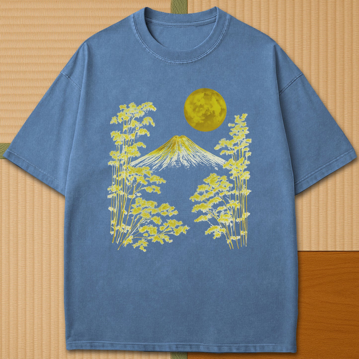 Japanese-inspired cotton Fuji Moonlight Line Art T-Shirt in Blue Jean on Comfort Colors 1717, styled in a modern flatlay scene.