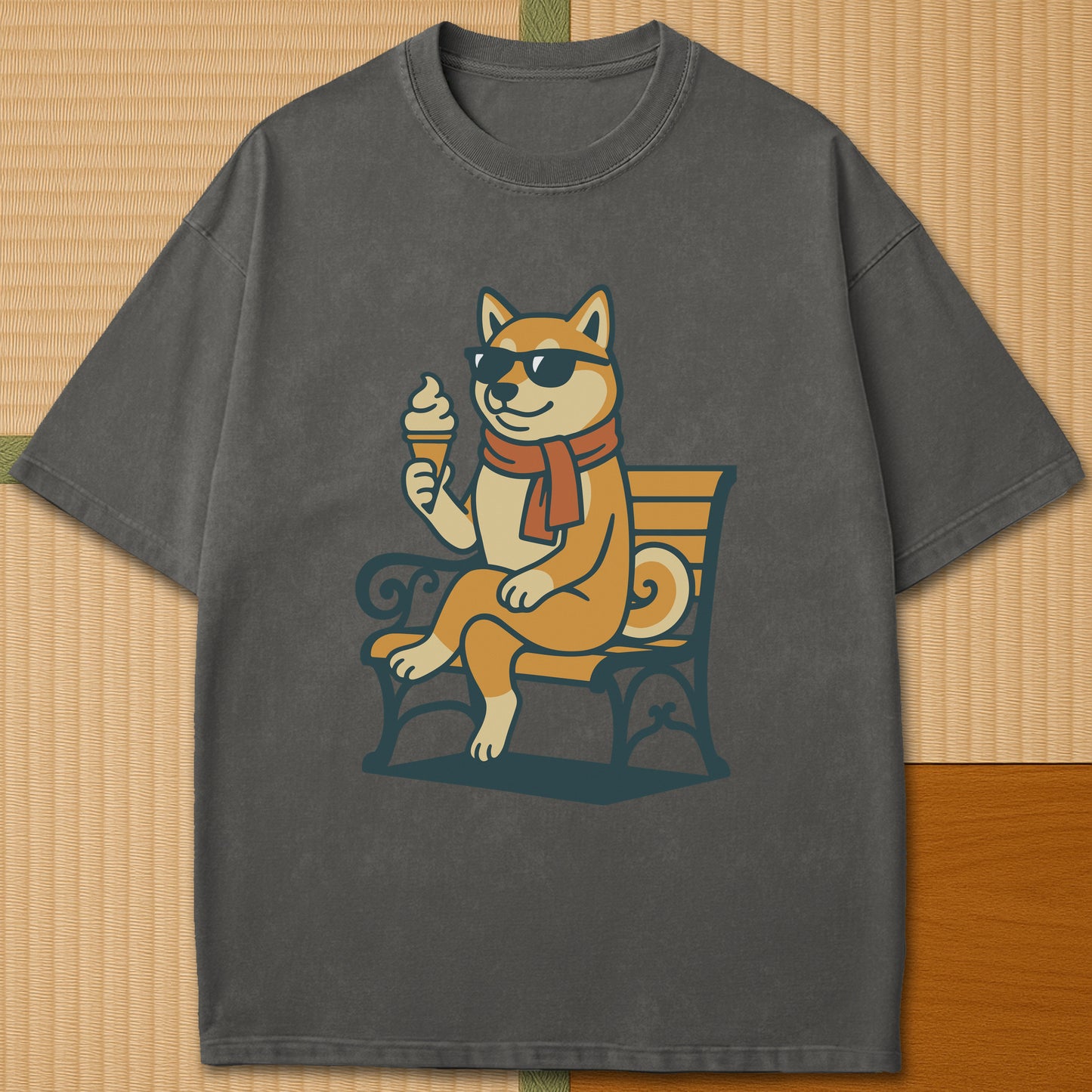 Japanese-inspired cotton Cool Shiba Summer T-Shirt in Pepper on Comfort Colors 1717, styled in a modern flatlay scene.