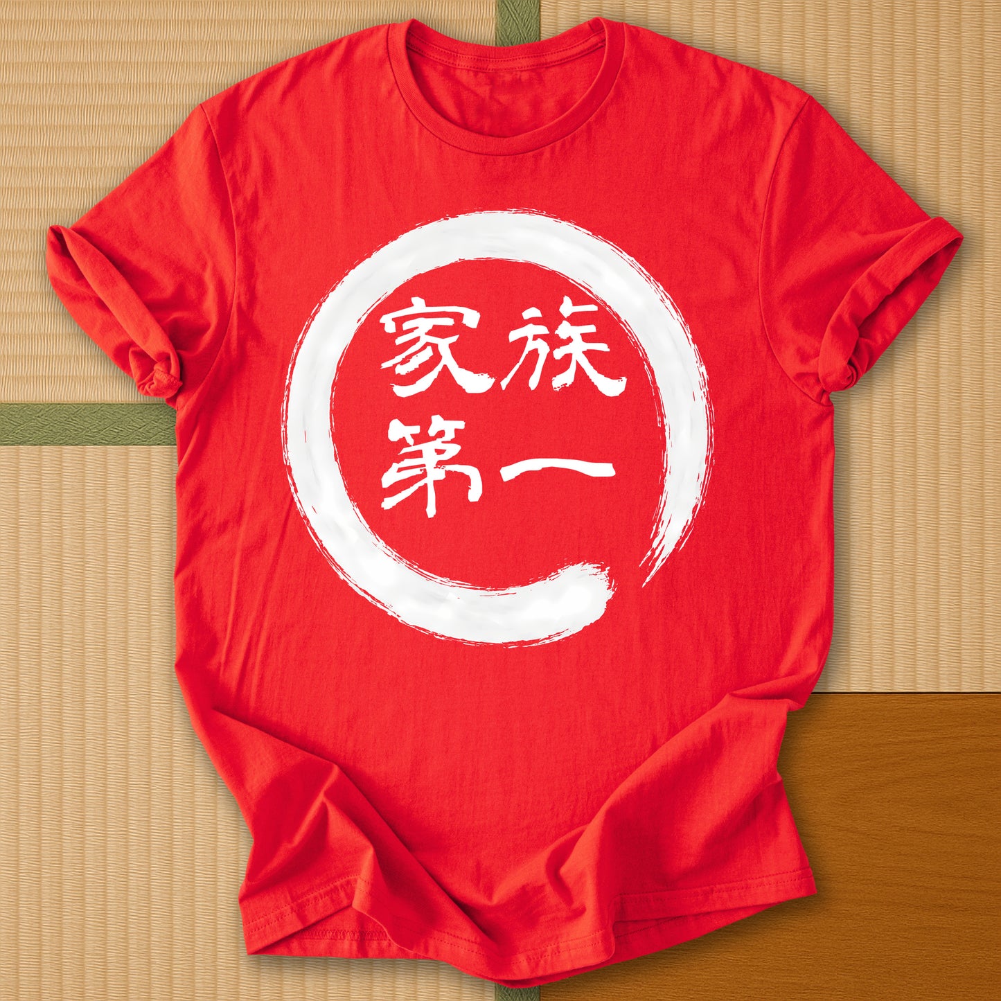 Japanese-inspired cotton Family First in Japanese T-Shirt in Red on Gildan 64000, styled in a modern flatlay scene