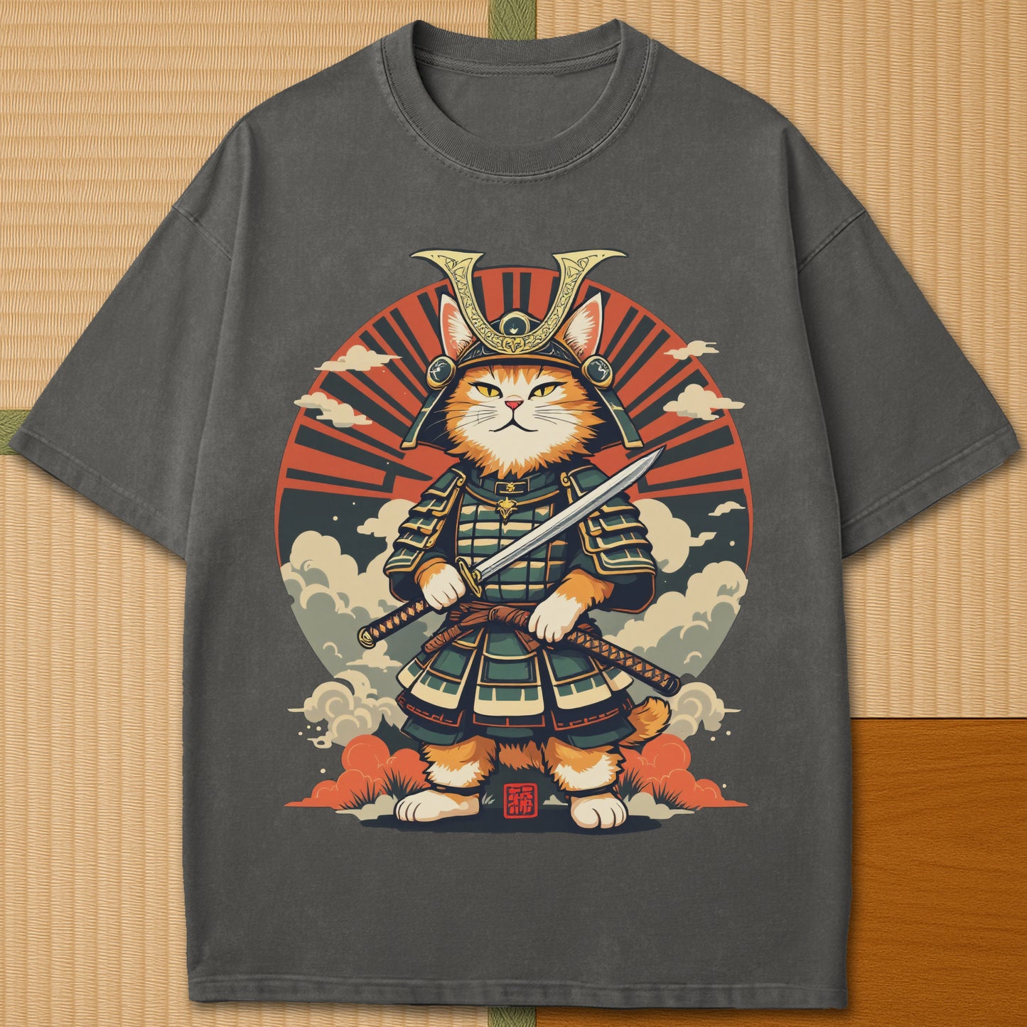 Japanese-inspired cotton Handsome Cat Samurai T-Shirt in Pepper on Comfort Colors 1717, styled in a modern flatlay scene.