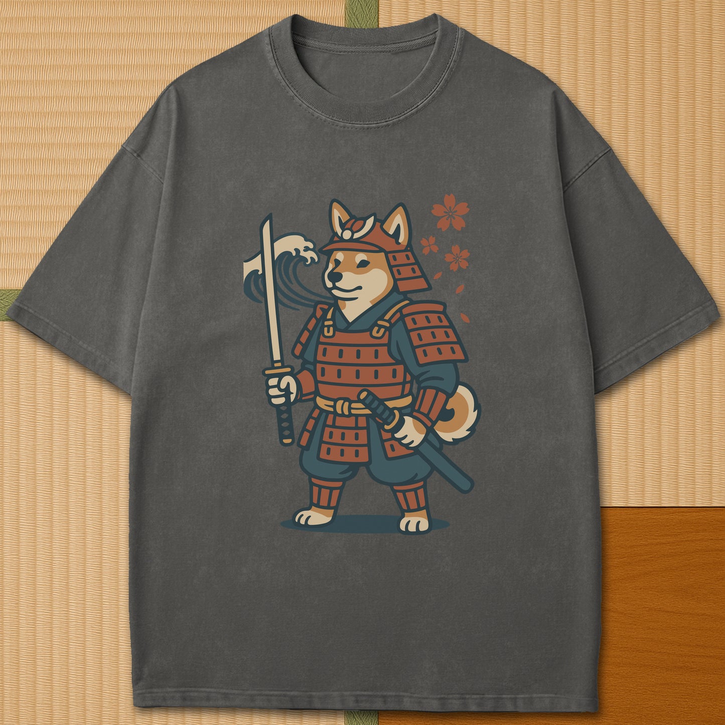 Japanese-inspired cotton Samurai Shiba Spirit T-Shirt in Pepper on Comfort Colors 1717, styled in a modern flatlay scene.