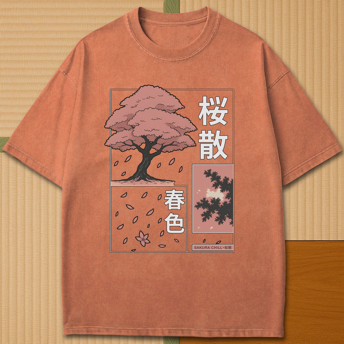 Japanese-inspired cotton Sakura Chill T-Shirt in Yam on Comfort Colors 1717, styled in a modern flatlay scene.