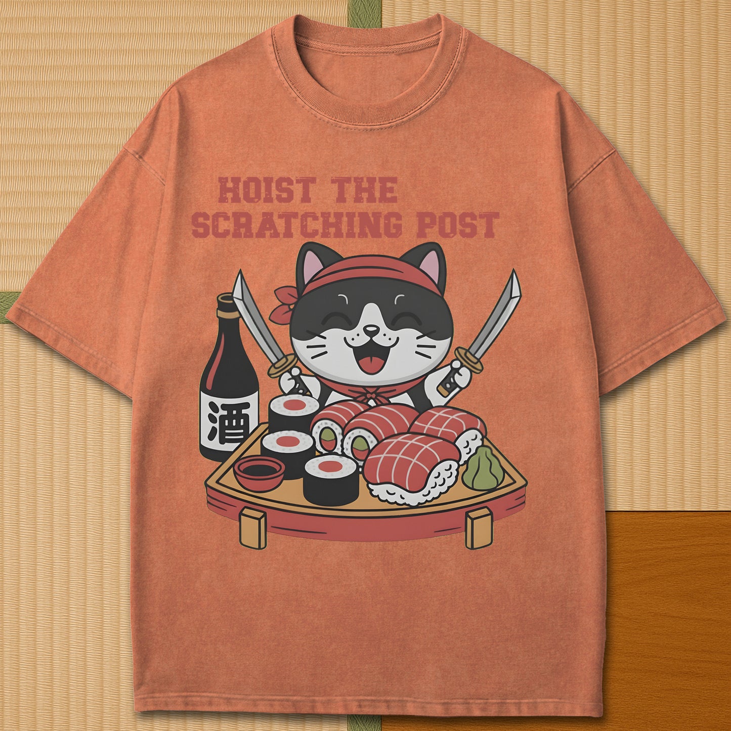 Japanese-inspired cotton Sushi Pirate Hoist The Scratching Post T-Shirt in Yam on Comfort Colors 1717, styled in a modern flatlay scene.