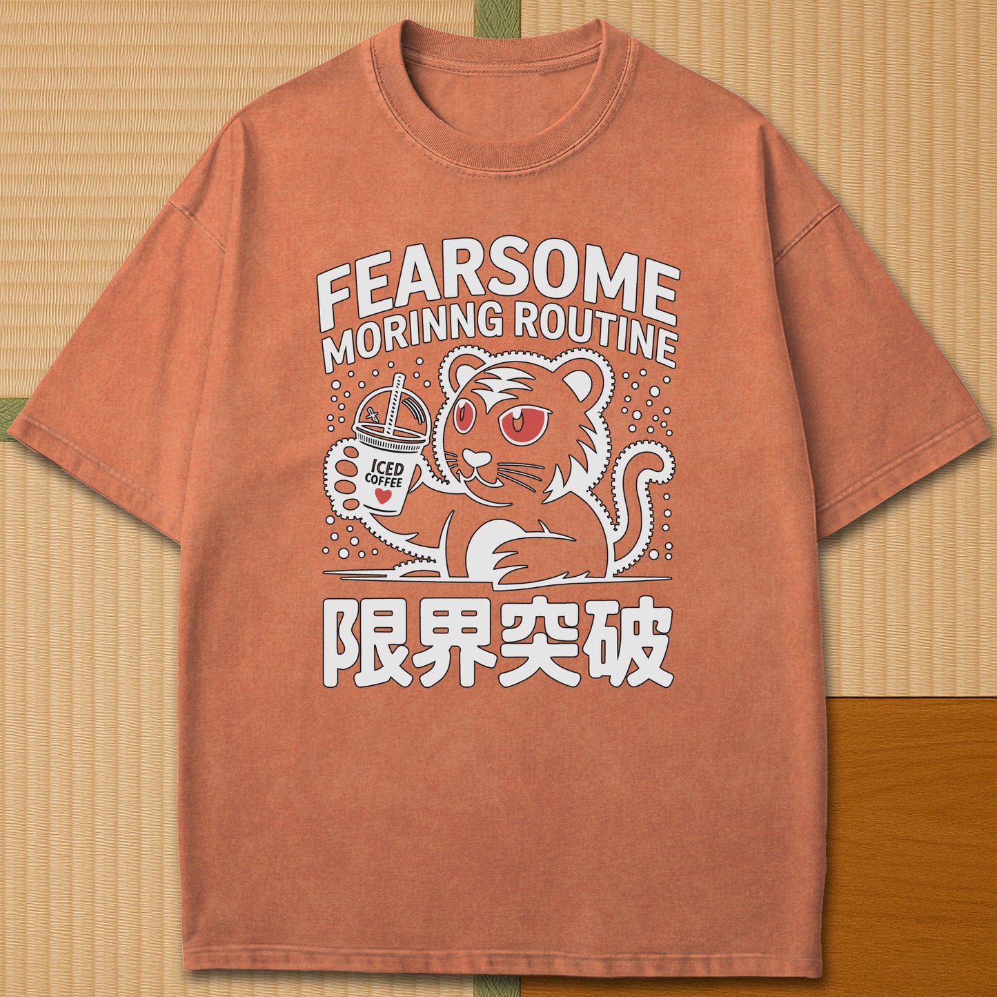 Japanese-inspired cotton Caffeinated Predator T-Shirt in Yam on Comfort Colors 1717, styled in a modern flatlay scene.