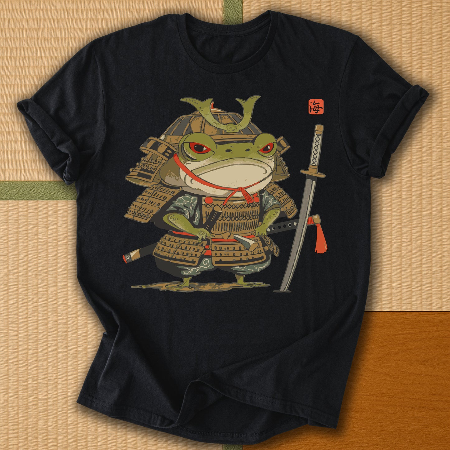 Japanese-inspired cotton Anime Frog Samurai T-Shirt in Black on Gildan 64000, styled in a modern flatlay scene