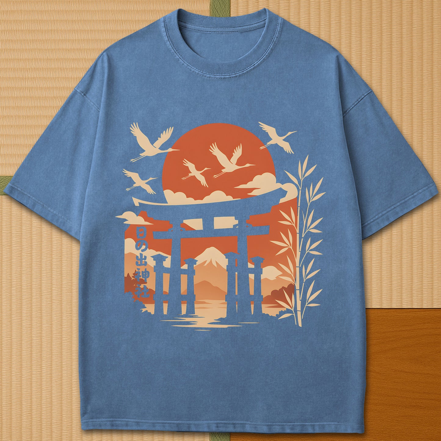 Japanese-inspired cotton Sunrise Shrine T-Shirt in Blue Jean on Comfort Colors 1717, styled in a modern flatlay scene.