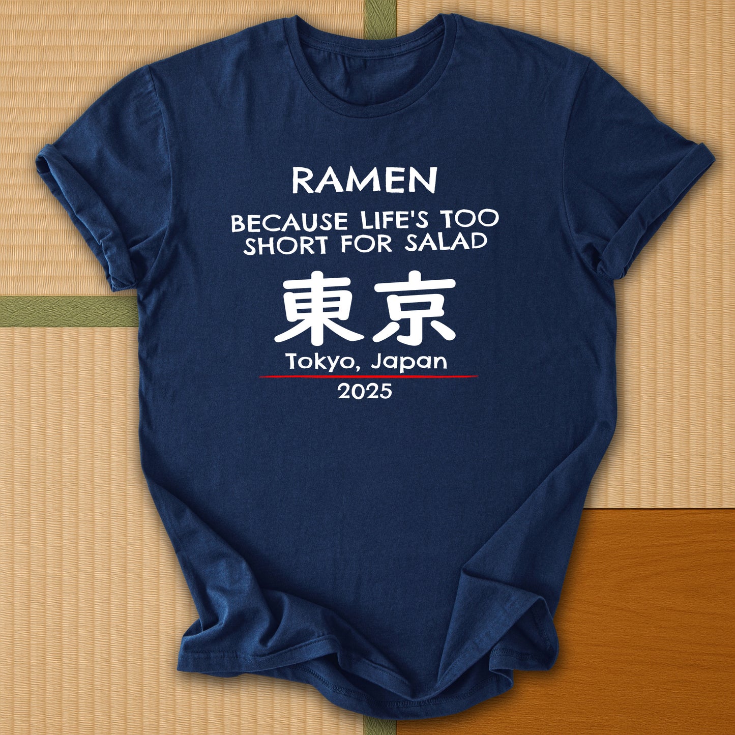 Japanese-inspired cotton Ramen Tokyo T-Shirt in Navy on Gildan 64000, styled in a modern flatlay scene