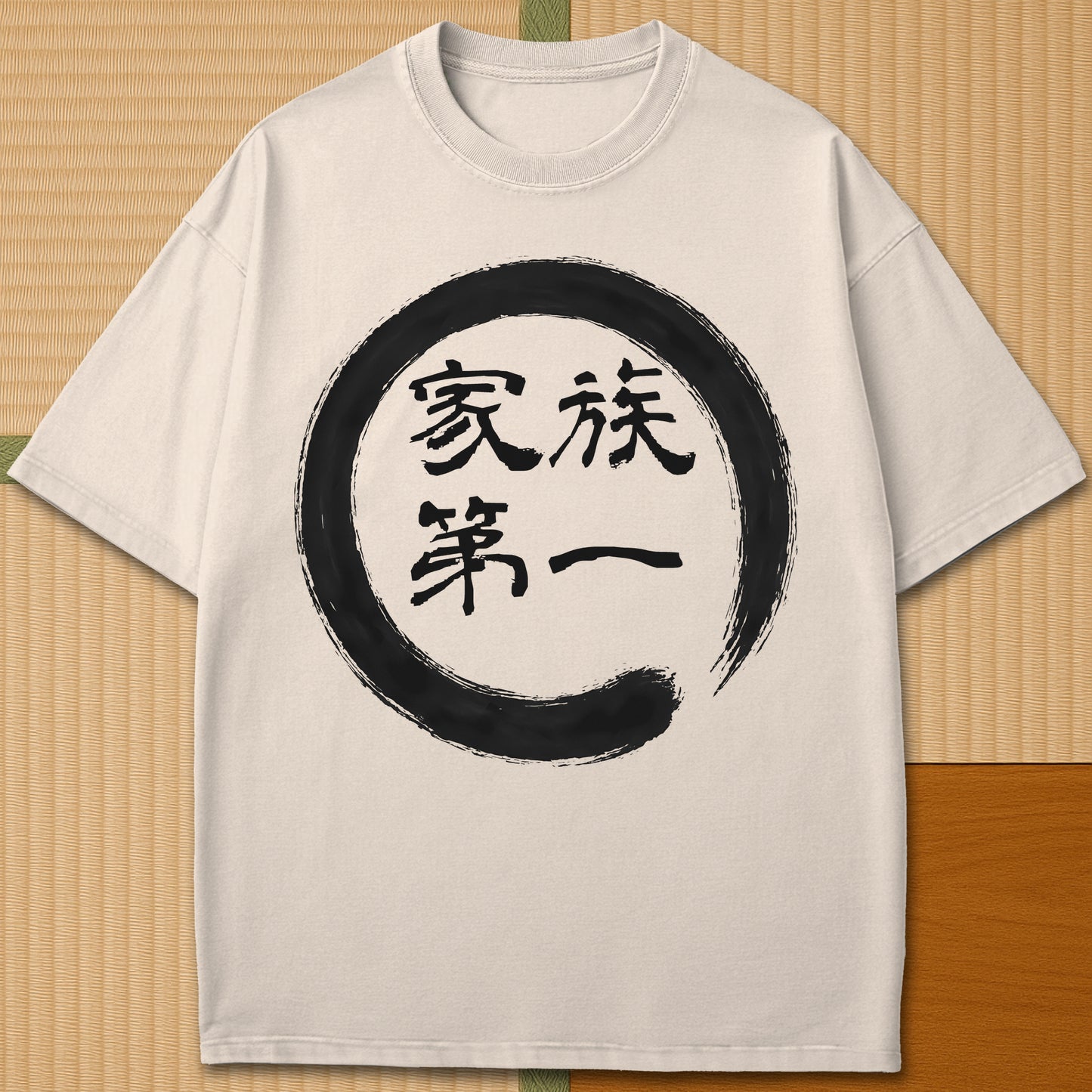 Japanese-inspired cotton Family First In Japanese T-Shirt in Ivory on Comfort Colors 1717, styled in a modern flatlay scene.