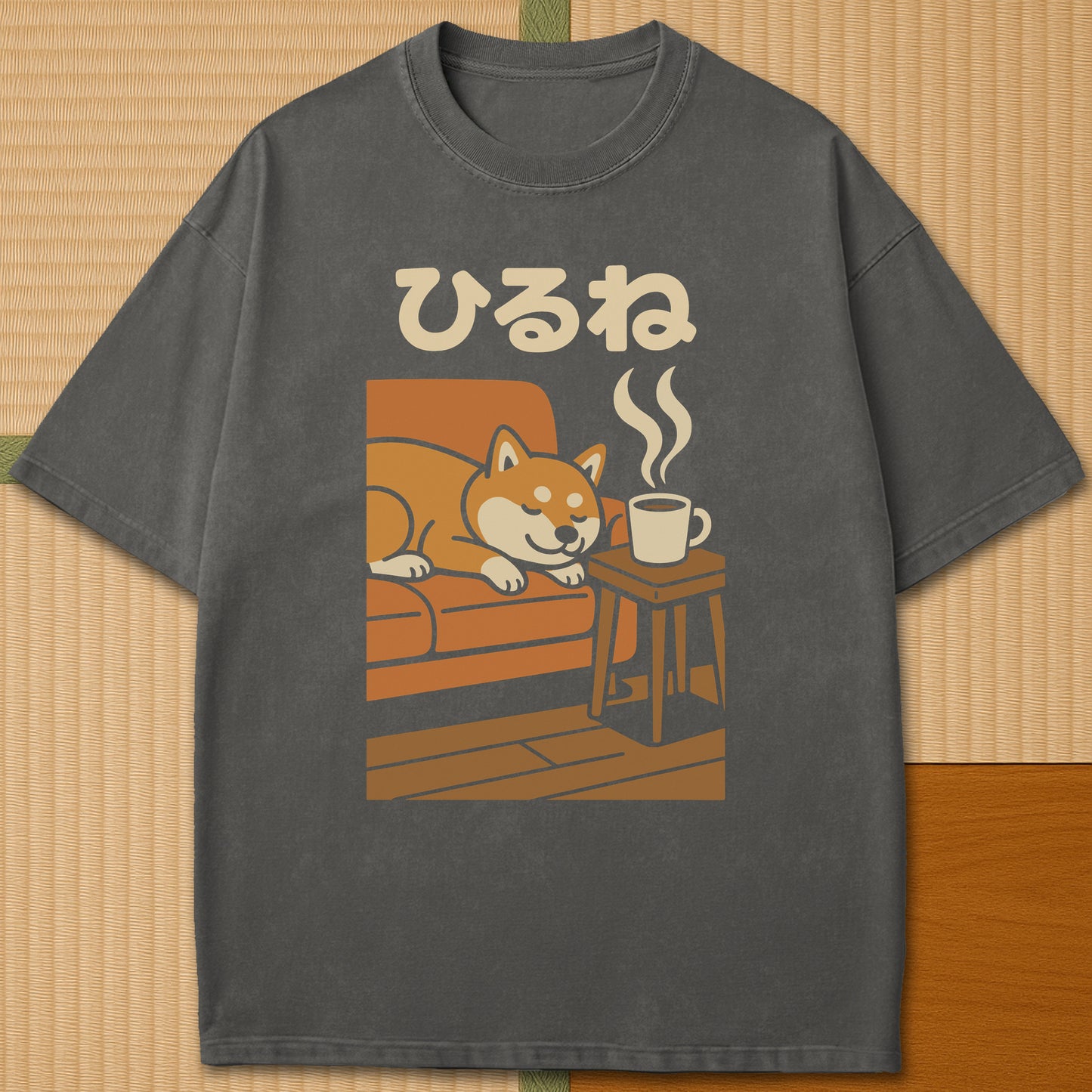 Japanese-inspired cotton Shiba Cozy Coffee Nap T-Shirt in Pepper on Comfort Colors 1717, styled in a modern flatlay scene.