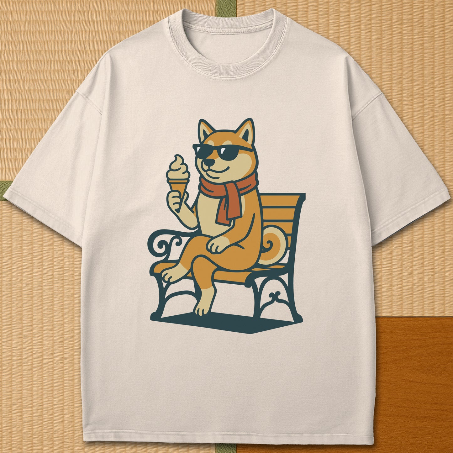 Japanese-inspired cotton Cool Shiba Summer T-Shirt in Ivory on Comfort Colors 1717, styled in a modern flatlay scene.