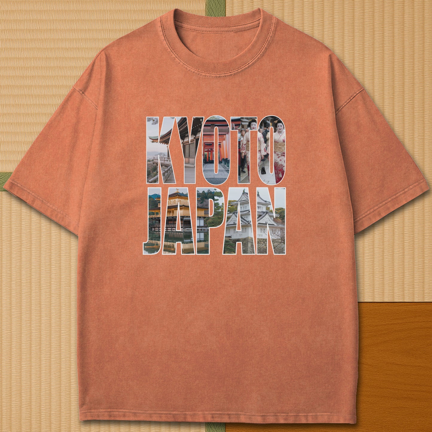 Japanese-inspired cotton Kyoto T-Shirt in Yam on Comfort Colors 1717, styled in a modern flatlay scene.