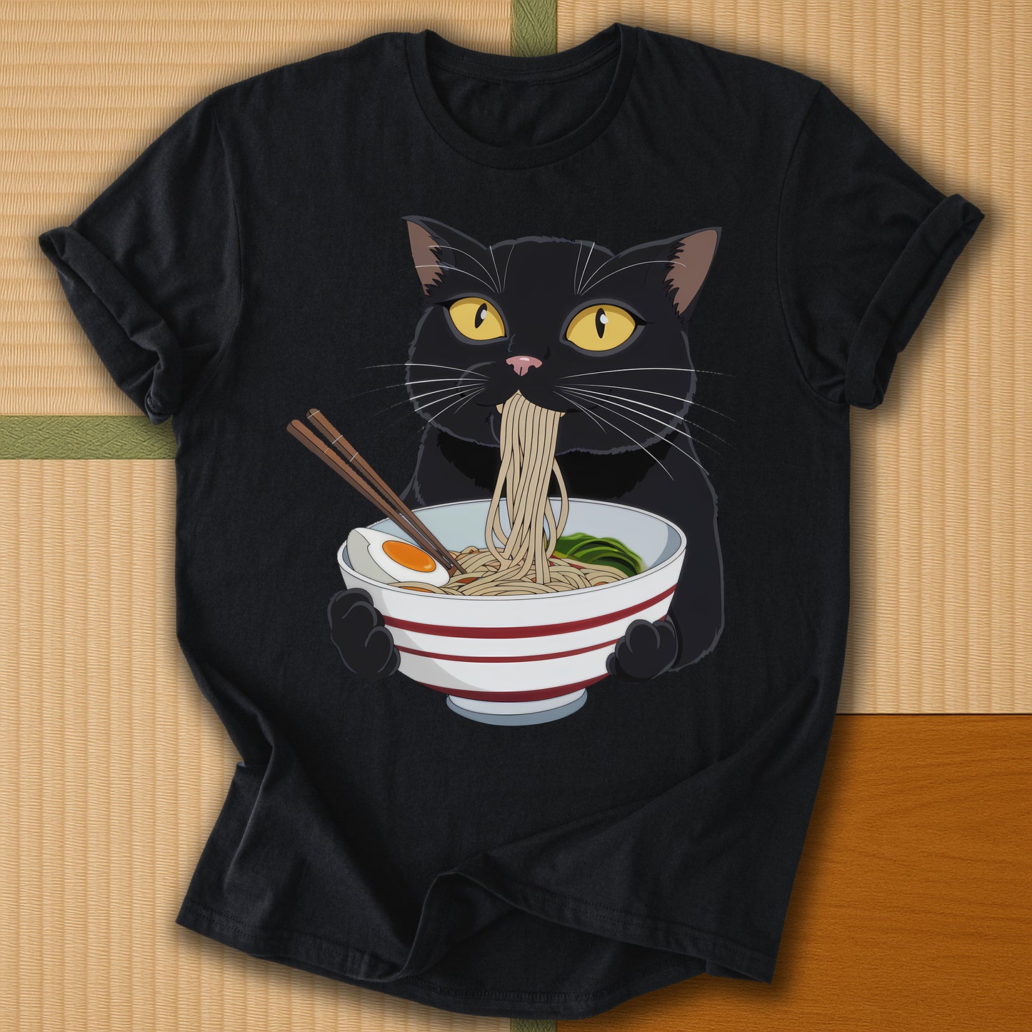 Japanese-inspired cotton Cat Eats Ramen T-Shirt in Black on Gildan 64000, styled in a modern flatlay scene