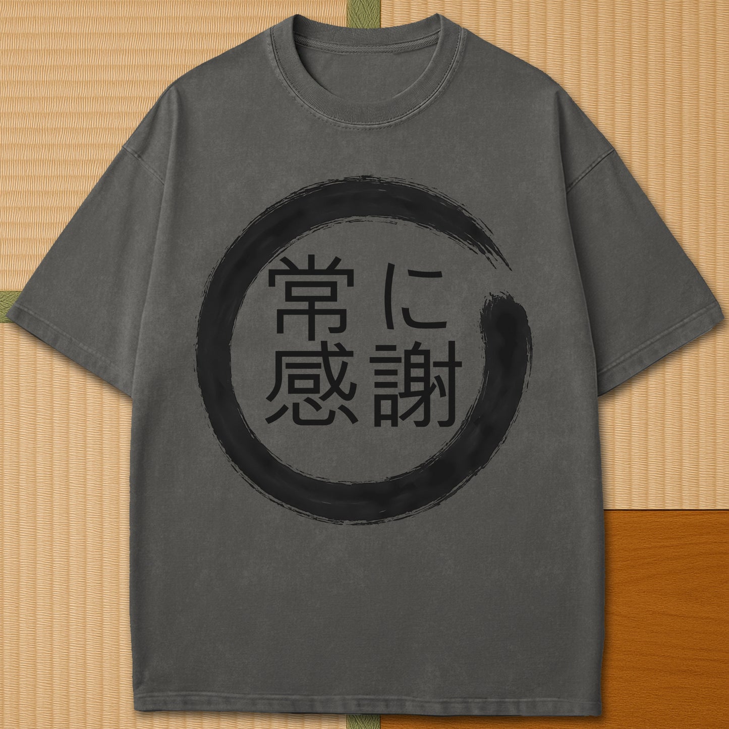 Japanese-inspired cotton Always Thankful T-Shirt in Pepper on Comfort Colors 1717, styled in a modern flatlay scene.