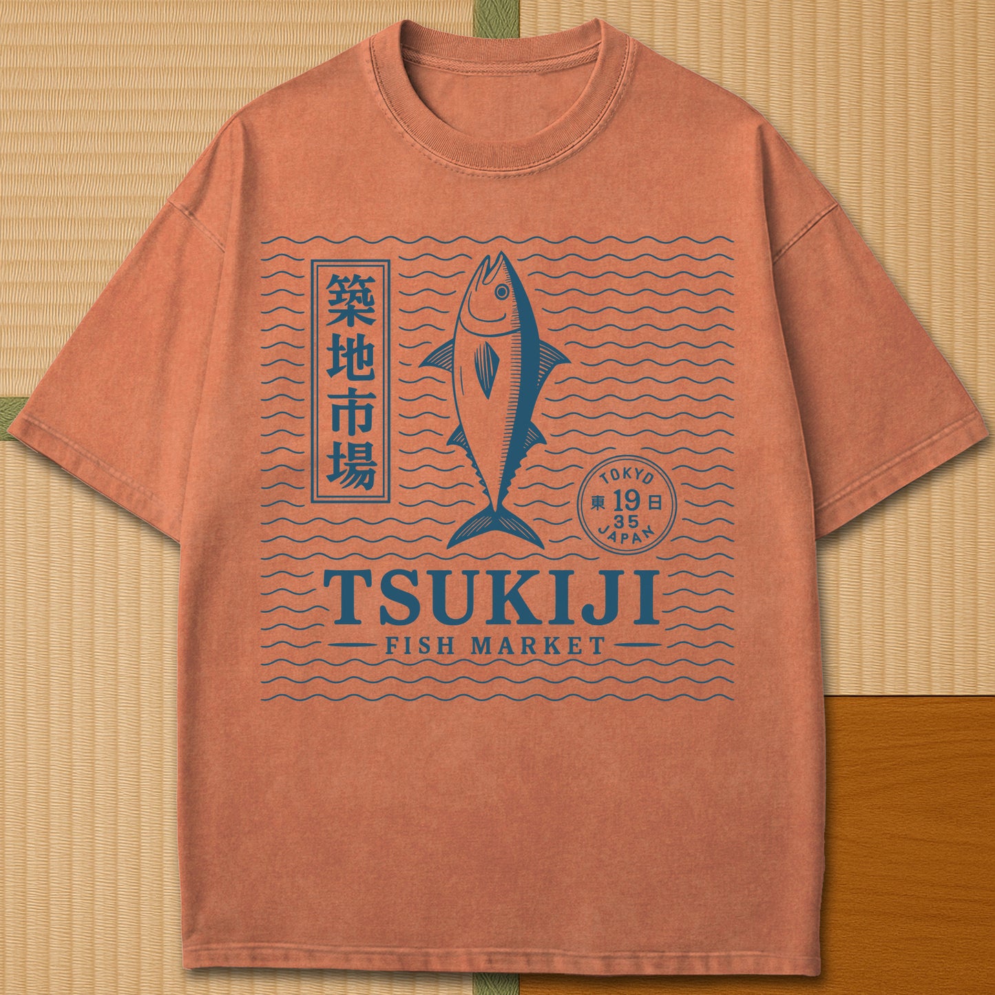Japanese-inspired cotton Tsukiji Tuna Fish Market T-Shirt in Yam on Comfort Colors 1717, styled in a modern flatlay scene.