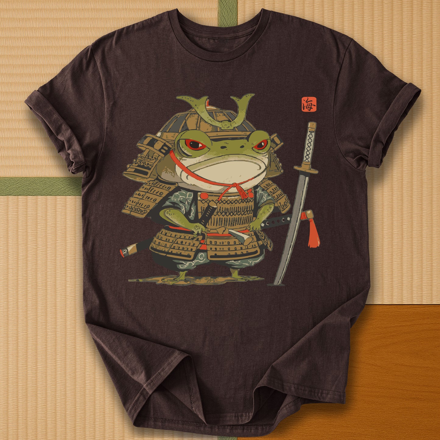 Japanese-inspired cotton Anime Frog Samurai T-Shirt in Dark Chocolate on Gildan 64000, styled in a modern flatlay scene