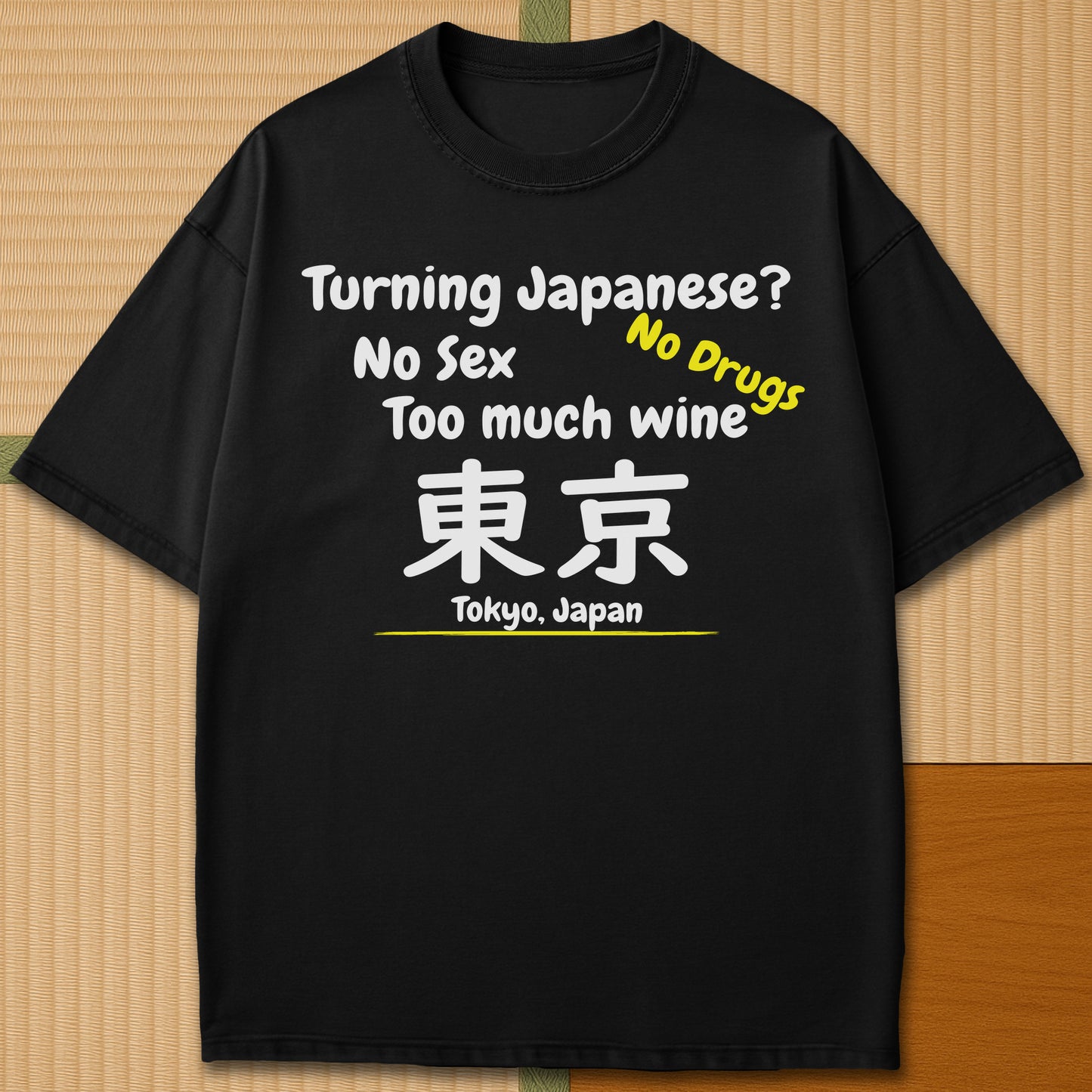 Japanese-inspired cotton Turning Japanese T-Shirt in Black on Comfort Colors 1717, styled in a modern flatlay scene.