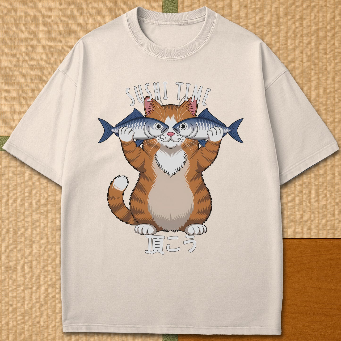 Japanese-inspired cotton Cat Sushi Time T-Shirt in Ivory on Comfort Colors 1717, styled in a modern flatlay scene.