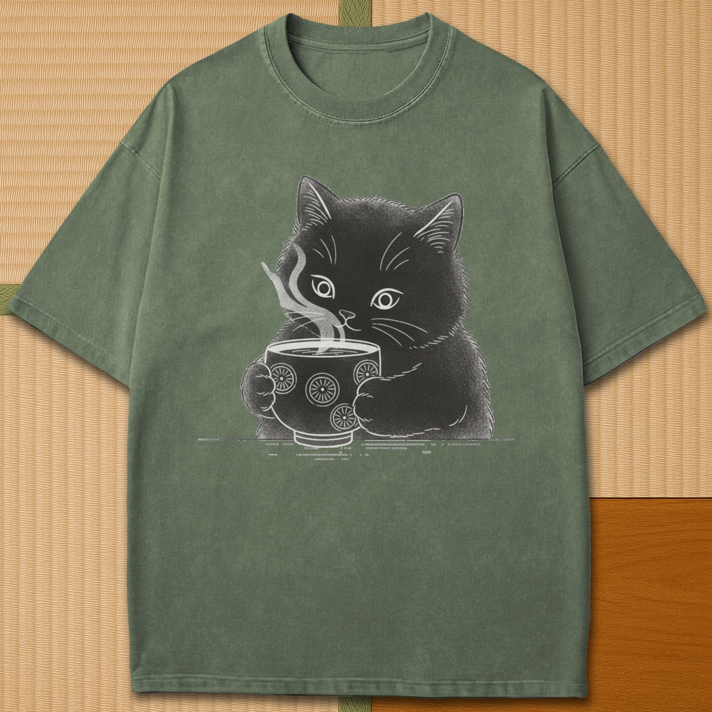 Japanese-inspired cotton Kitten Paws Tea Time T-Shirt in Moss on Comfort Colors 1717, styled in a modern flatlay scene.
