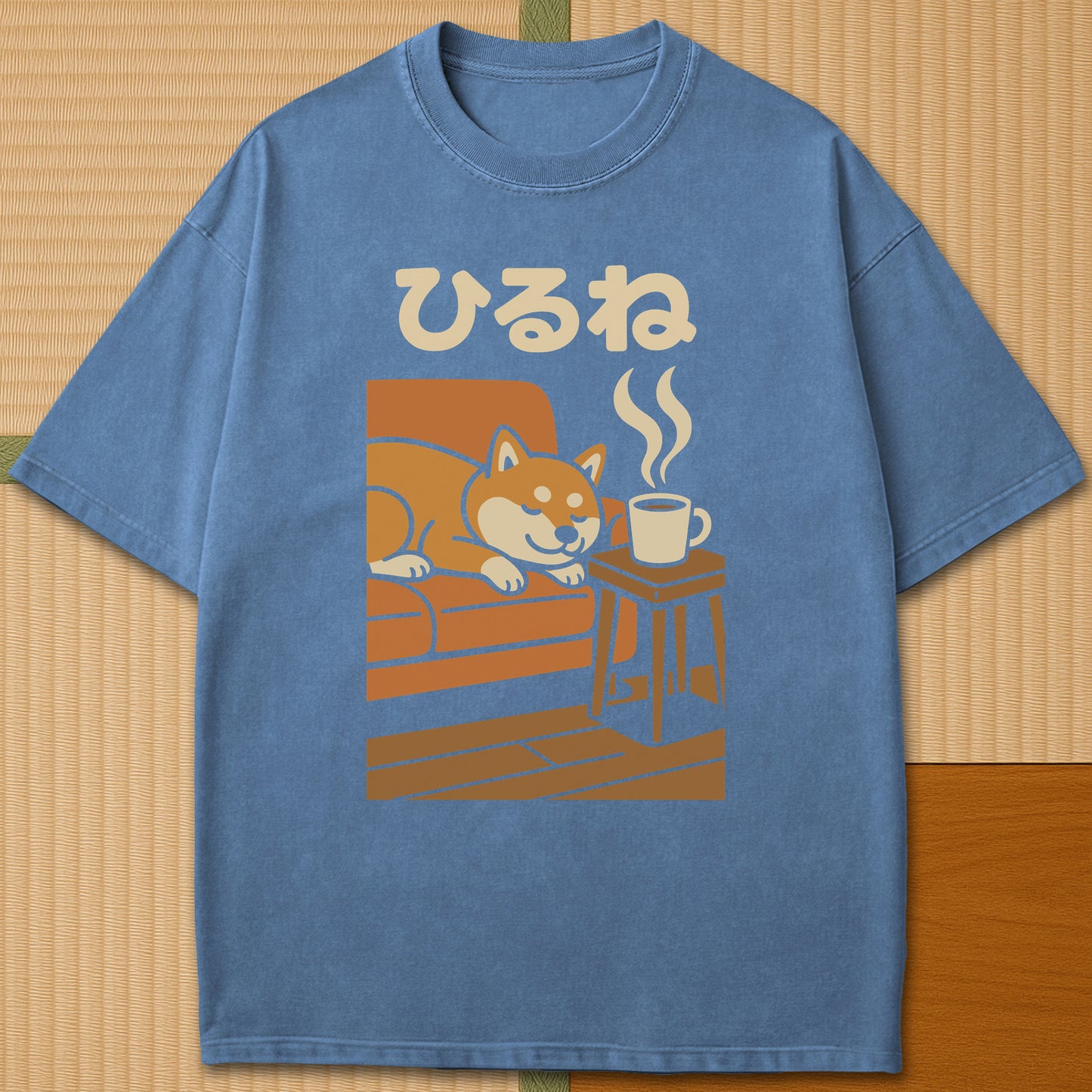 Japanese-inspired cotton Shiba Cozy Coffee Nap T-Shirt in Blue Jean on Comfort Colors 1717, styled in a modern flatlay scene.