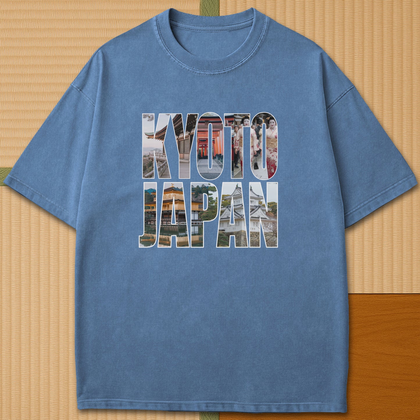 Japanese-inspired cotton Kyoto T-Shirt in Blue Jean on Comfort Colors 1717, styled in a modern flatlay scene.