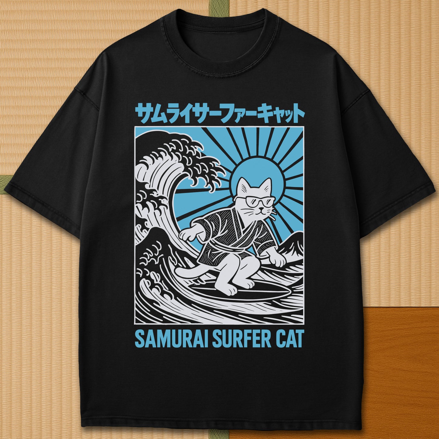Japanese-inspired cotton Samurai Surfer Cat T-Shirt in Black on Comfort Colors 1717, styled in a modern flatlay scene.