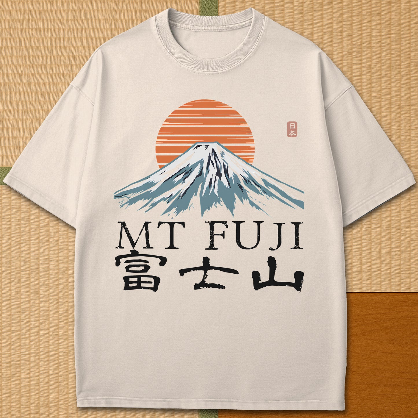 Japanese-inspired cotton Mt Fuji T-Shirt in Ivory on Comfort Colors 1717, styled in a modern flatlay scene.