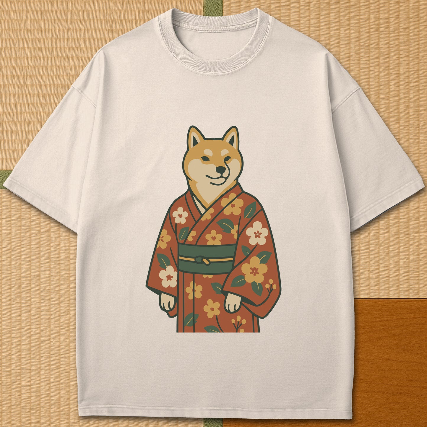 Japanese-inspired cotton Nihon Spirit Shiba T-Shirt in Ivory on Comfort Colors 1717, styled in a modern flatlay scene.
