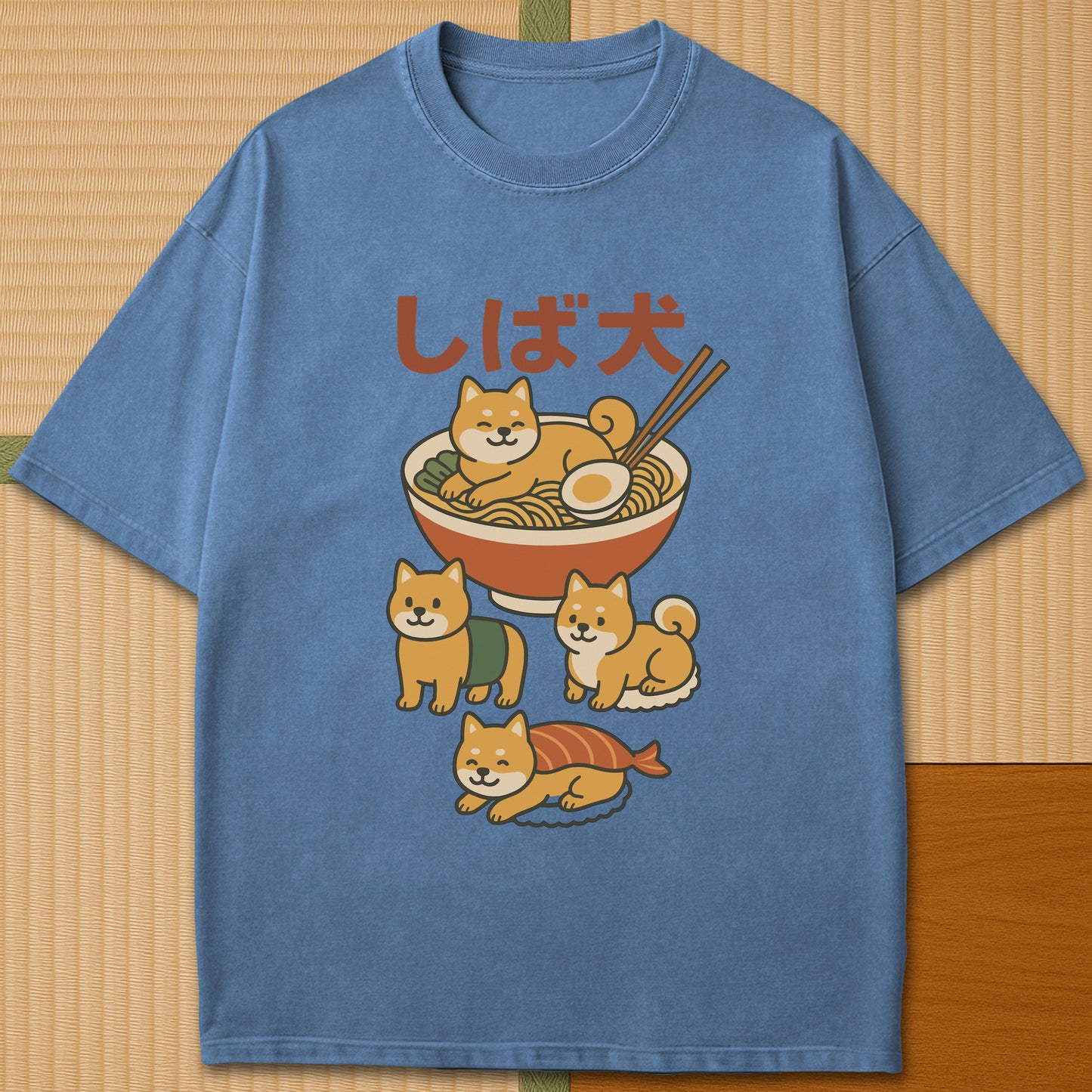 Japanese-inspired cotton Shiba Sushi Ramen Dreams T-Shirt in Blue Jean on Comfort Colors 1717, styled in a modern flatlay scene.