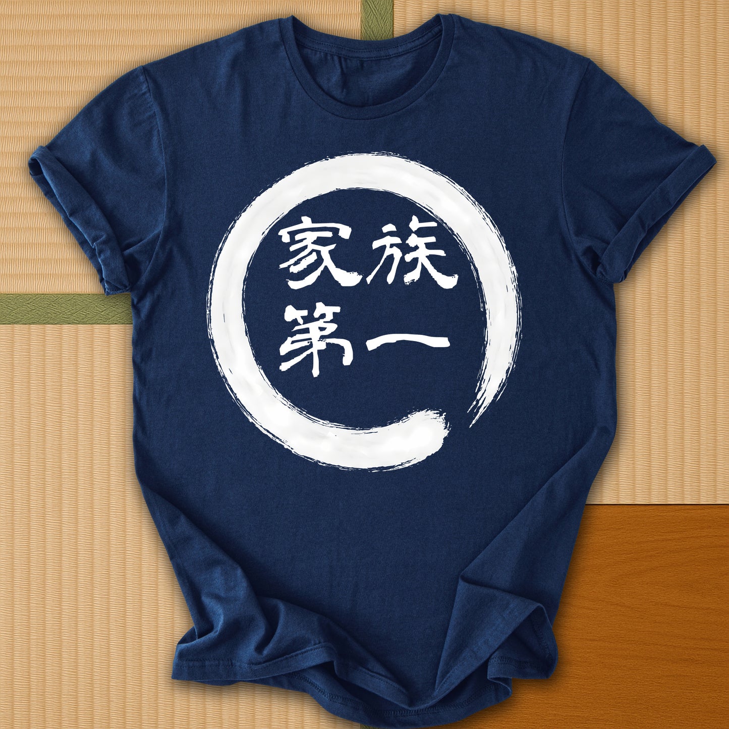 Japanese-inspired cotton Family First in Japanese T-Shirt in Navy on Gildan 64000, styled in a modern flatlay scene