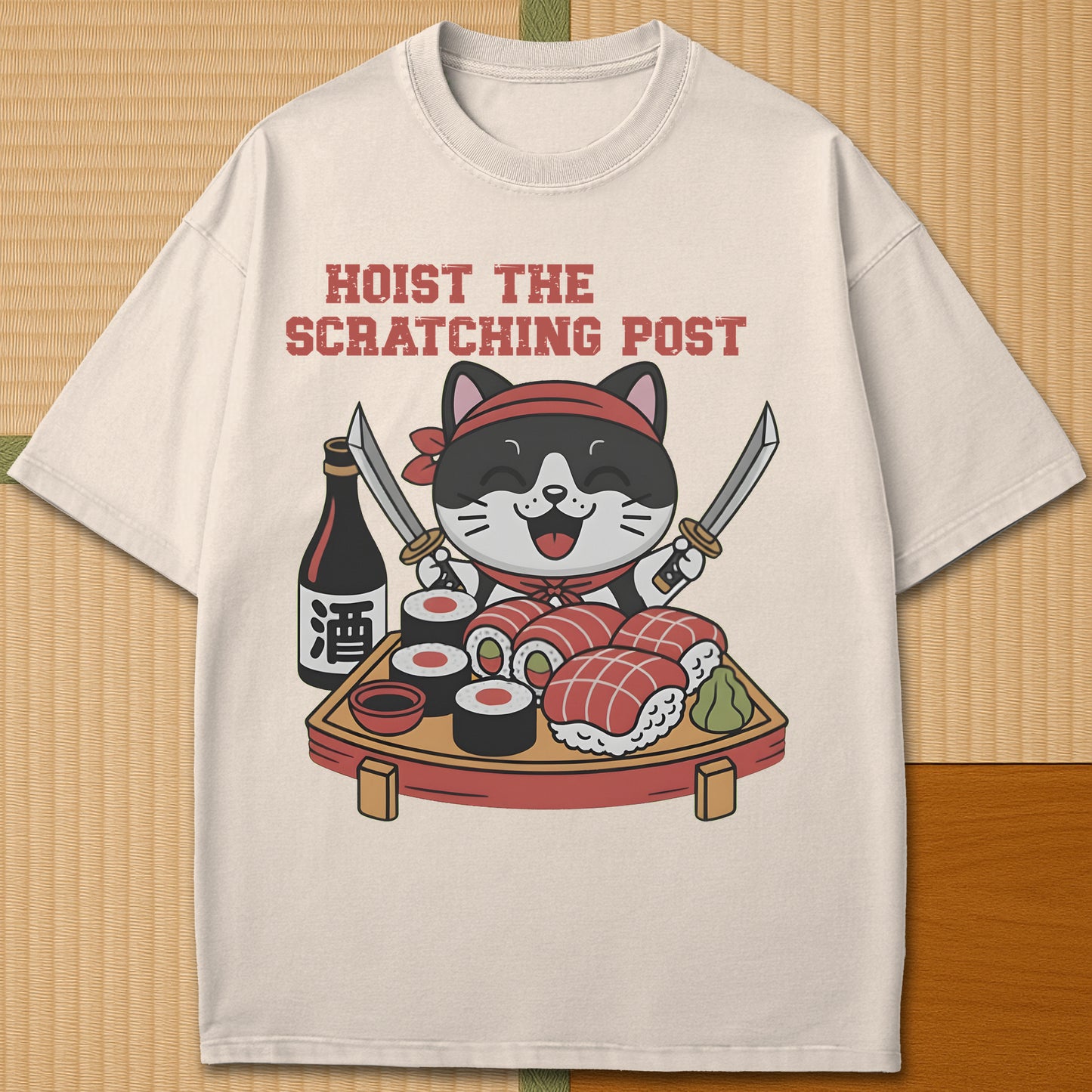 Japanese-inspired cotton Sushi Pirate Hoist The Scratching Post T-Shirt in Ivory on Comfort Colors 1717, styled in a modern flatlay scene.