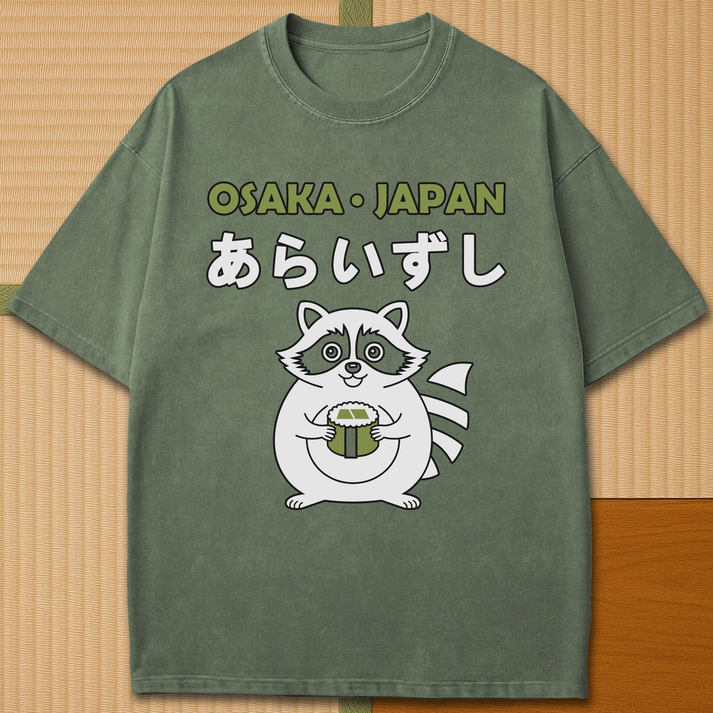Japanese-inspired cotton Arai Zushi Osaka T-Shirt in Moss on Comfort Colors 1717, styled in a modern flatlay scene.