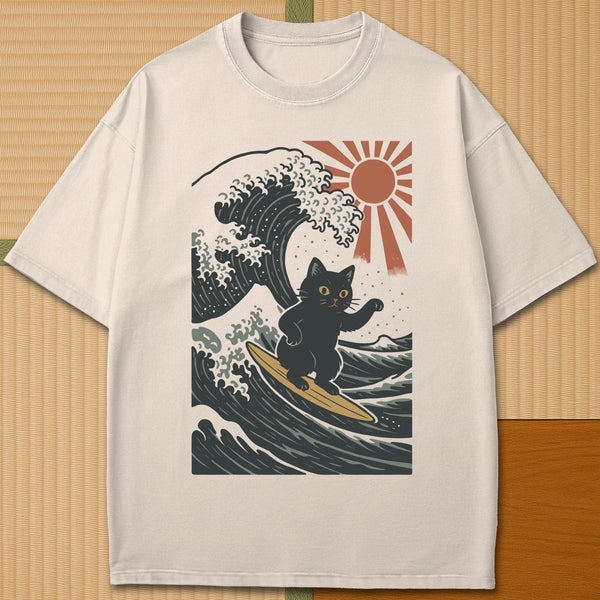 Japanese-inspired cotton Tsunami Surfer Neko T-Shirt in Ivory on Comfort Colors 1717, styled in a modern flatlay scene.