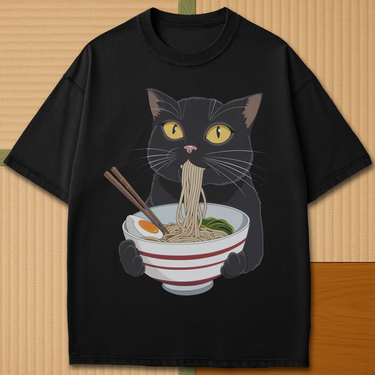 Japanese-inspired cotton Cat Eats Ramen T-Shirt in Black on Comfort Colors 1717, styled in a modern flatlay scene.