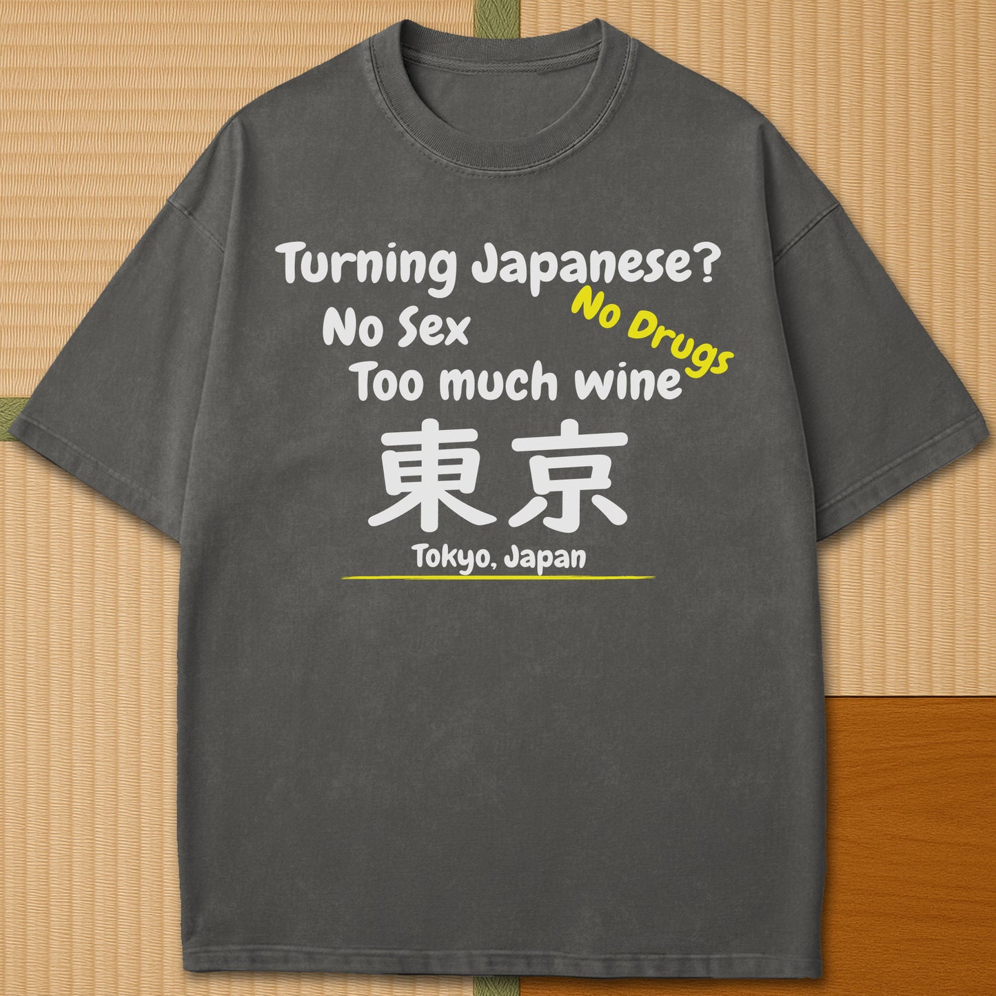 Japanese-inspired cotton Turning Japanese T-Shirt in Pepper on Comfort Colors 1717, styled in a modern flatlay scene.