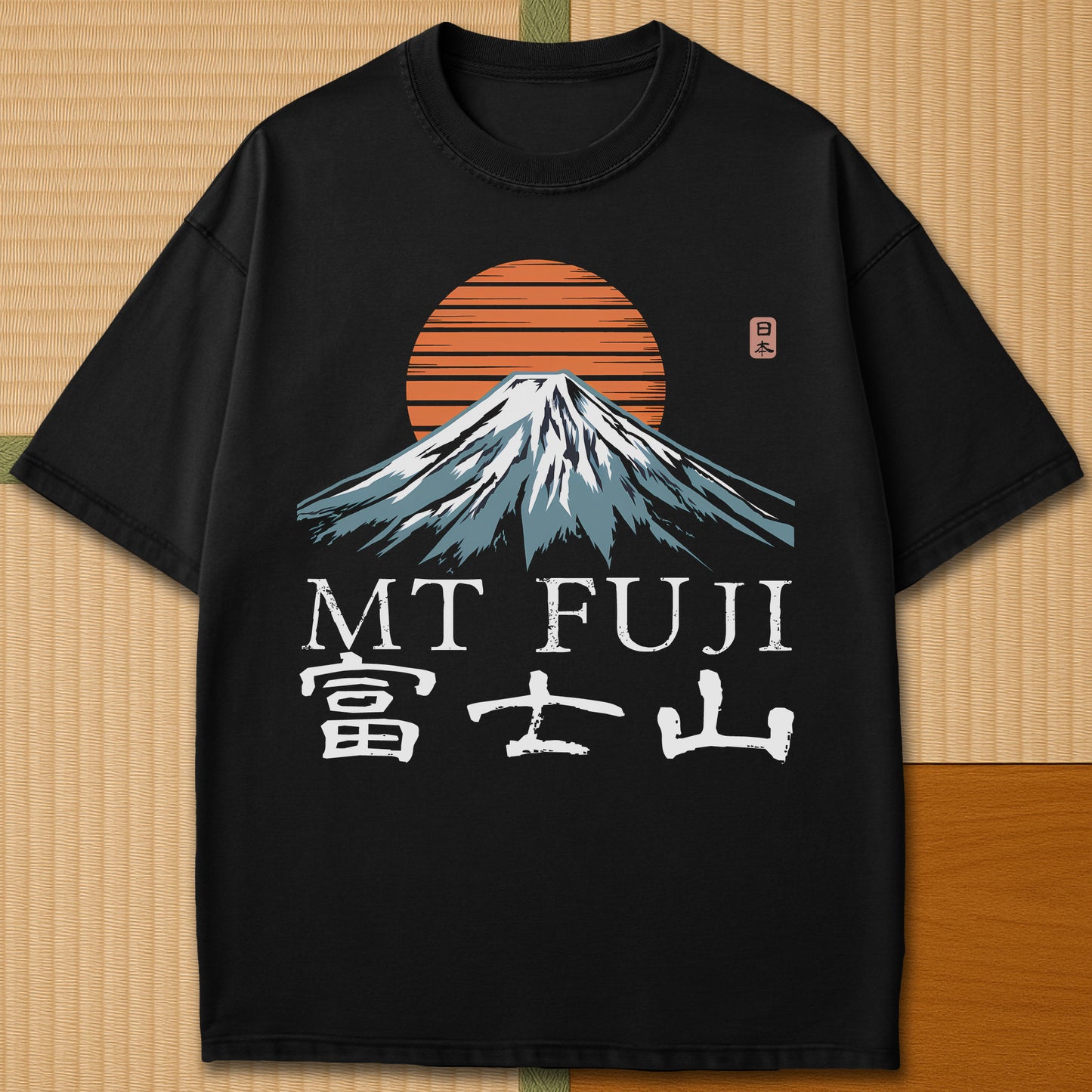 Japanese-inspired cotton Mt Fuji T-Shirt in Black on Comfort Colors 1717, styled in a modern flatlay scene.