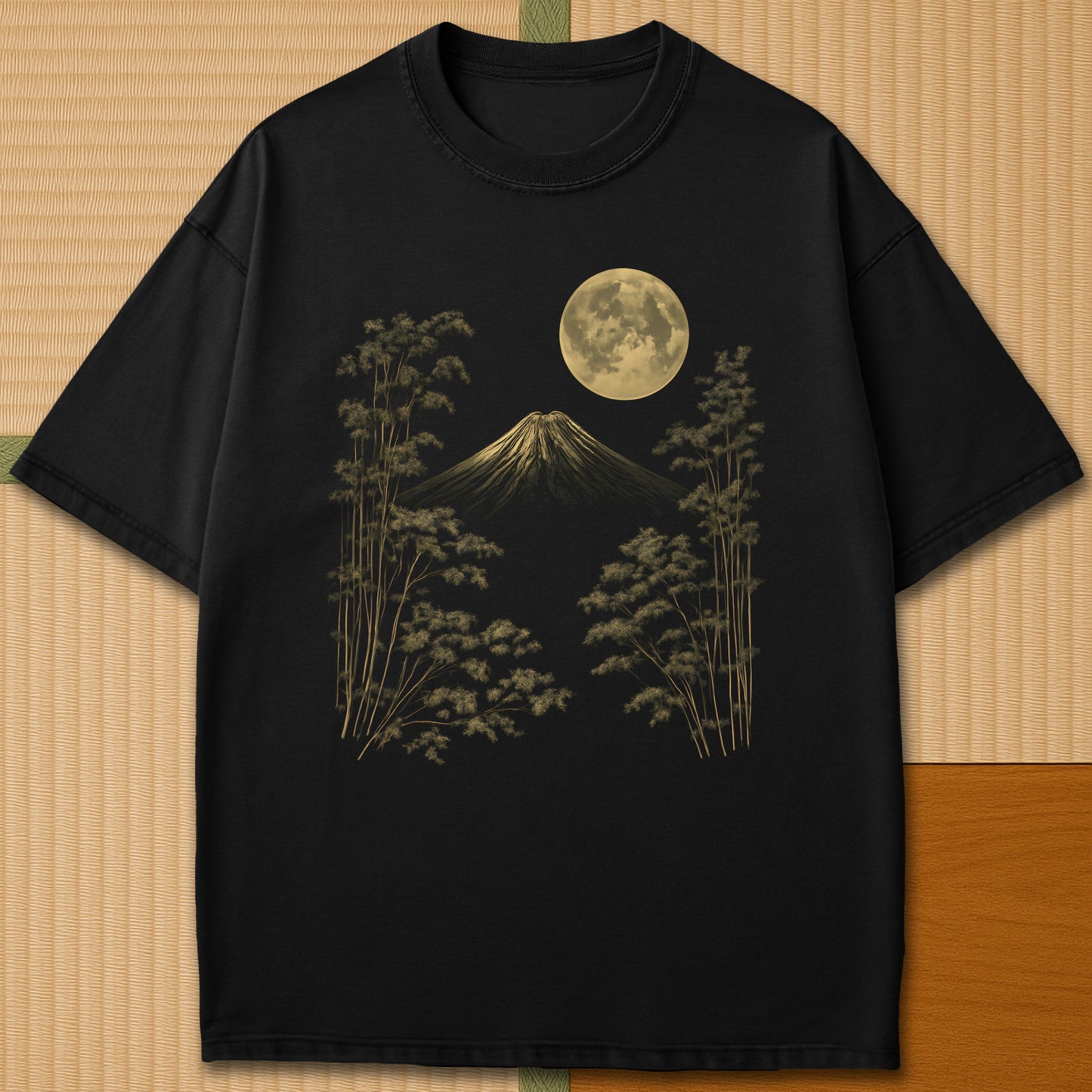 Japanese-inspired cotton Fuji Moonlight Line Art T-Shirt in Black on Comfort Colors 1717, styled in a modern flatlay scene.
