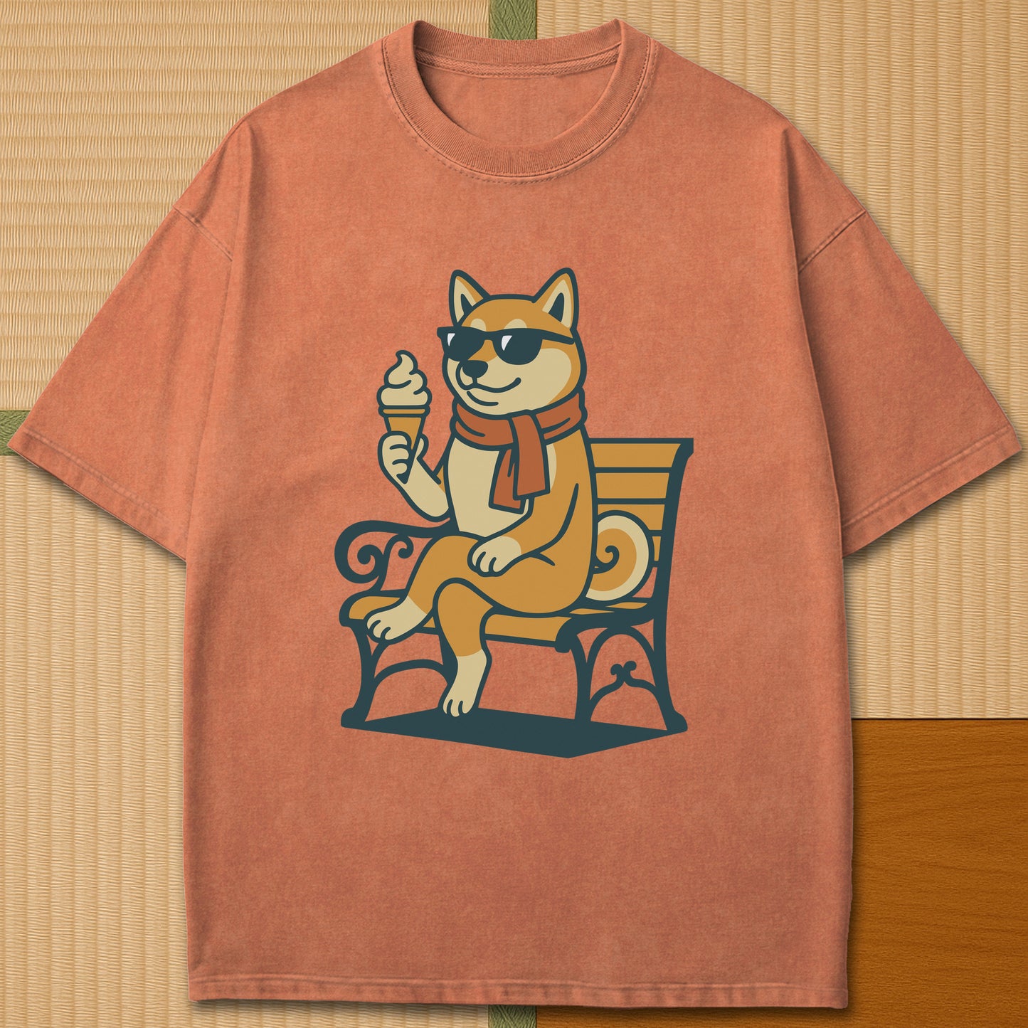 Japanese-inspired cotton Cool Shiba Summer T-Shirt in Yam on Comfort Colors 1717, styled in a modern flatlay scene.