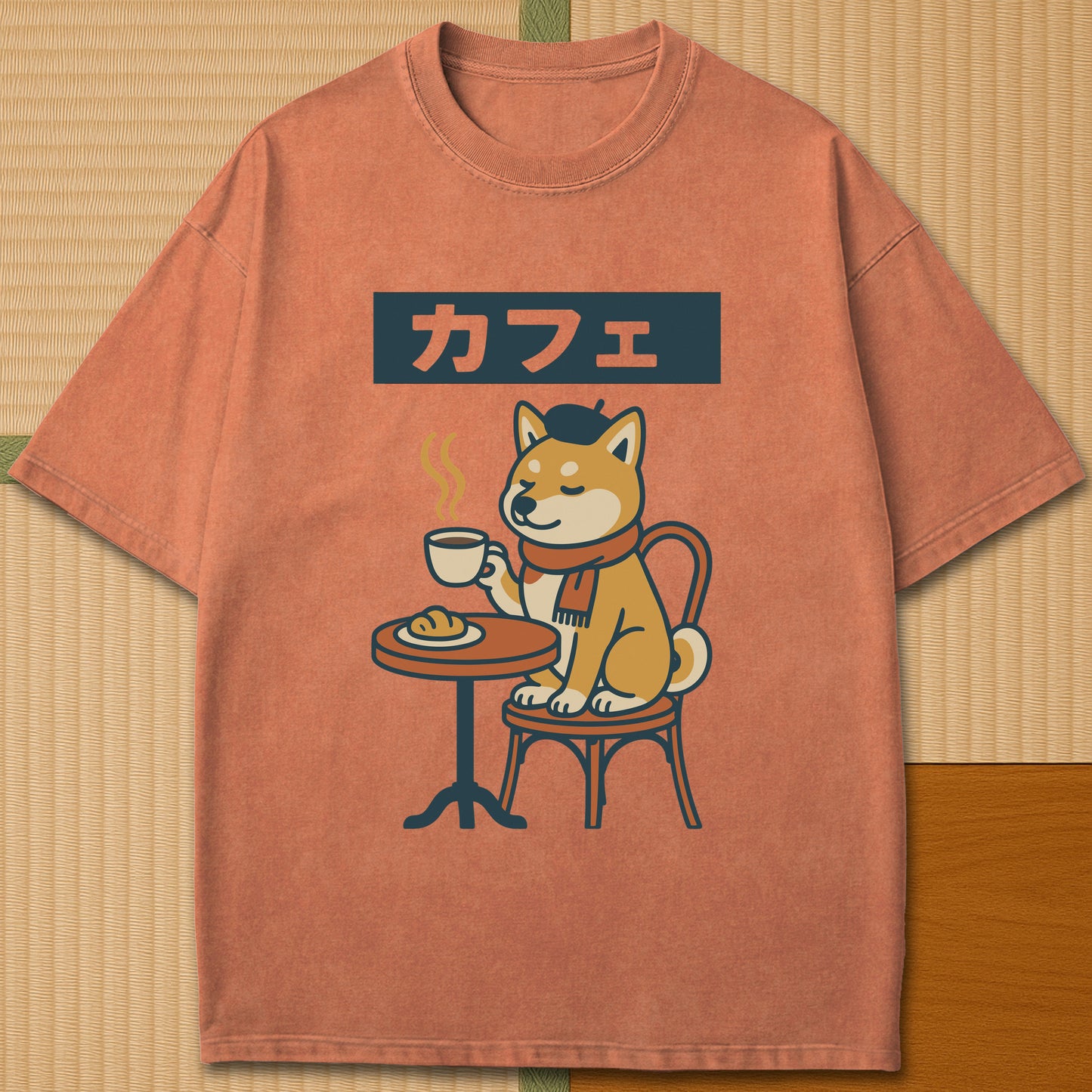 Japanese-inspired cotton Shiba Cafe Time T-Shirt in Yam on Comfort Colors 1717, styled in a modern flatlay scene.