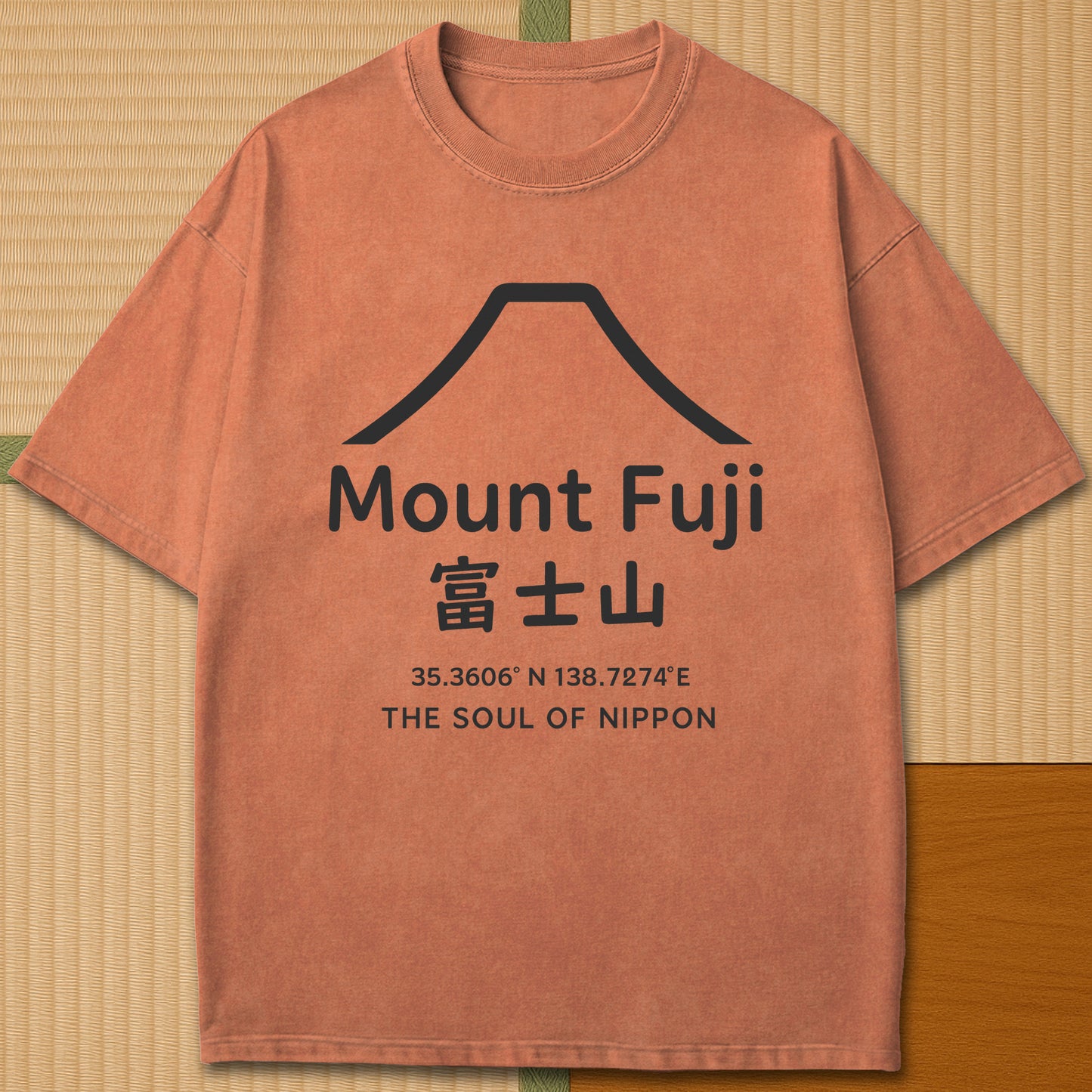 Japanese-inspired cotton Mount Fuji Japan T-Shirt in Yam on Comfort Colors 1717, styled in a modern flatlay scene.