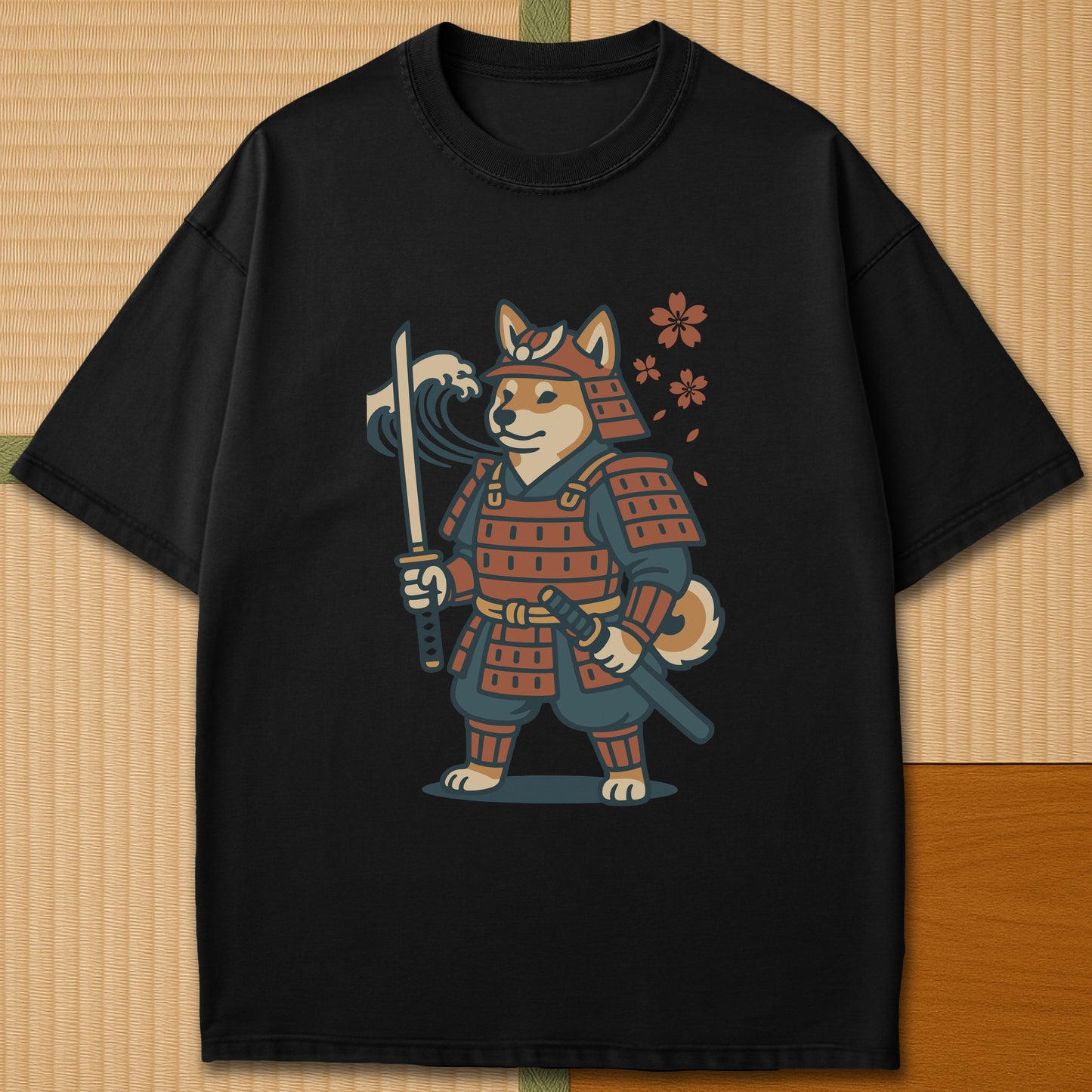 Japanese-inspired cotton Samurai Shiba Spirit T-Shirt in Black on Comfort Colors 1717, styled in a modern flatlay scene.