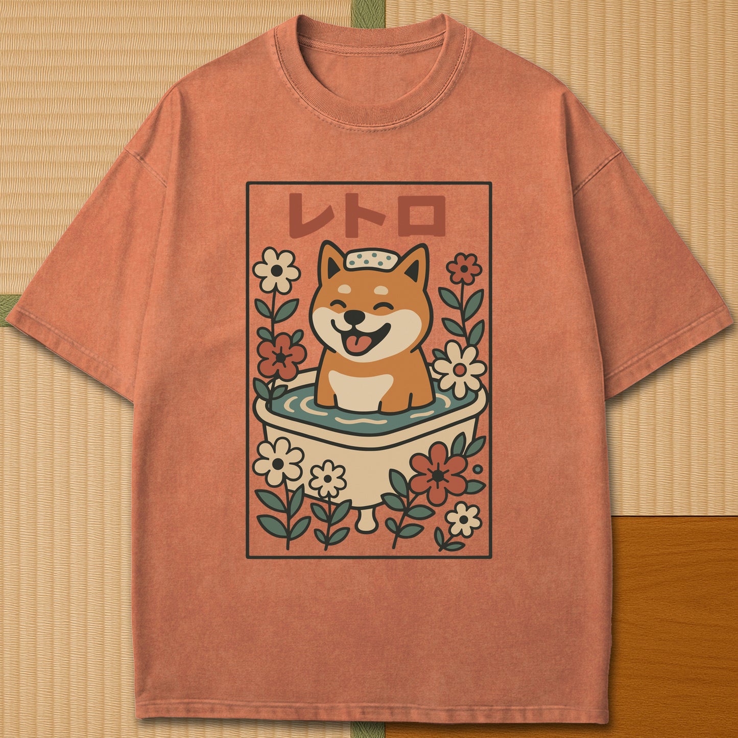 Japanese-inspired cotton Shiba Bath Time Bliss T-Shirt in Yam on Comfort Colors 1717, styled in a modern flatlay scene.