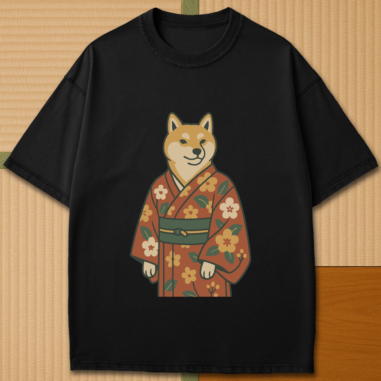 Japanese-inspired cotton Nihon Spirit Shiba T-Shirt in Black on Comfort Colors 1717, styled in a modern flatlay scene.