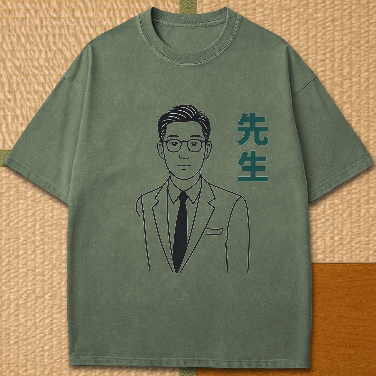 Japanese-inspired cotton Sensei Line Art T-Shirt in Moss on Comfort Colors 1717, styled in a modern flatlay scene.