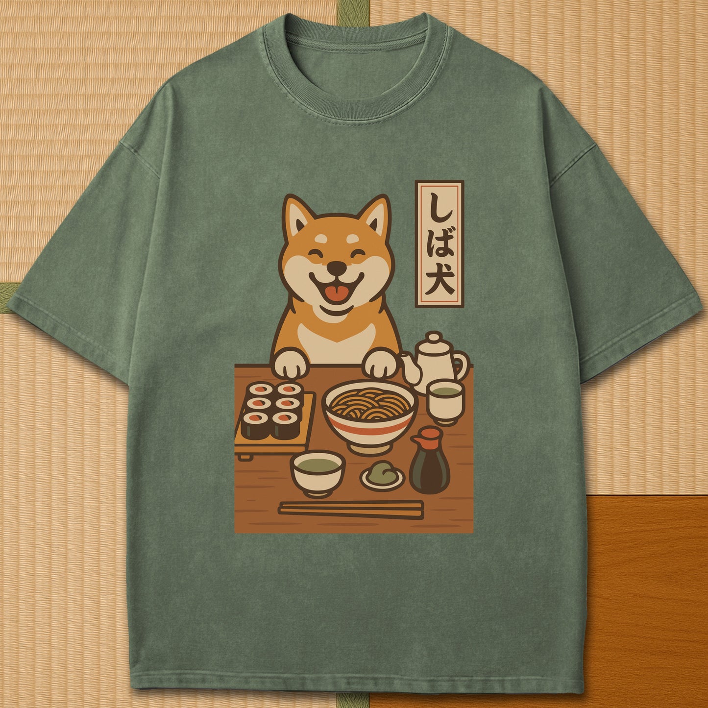 Japanese-inspired cotton Shiba Inu Happy Meal T-Shirt in Moss on Comfort Colors 1717, styled in a modern flatlay scene.