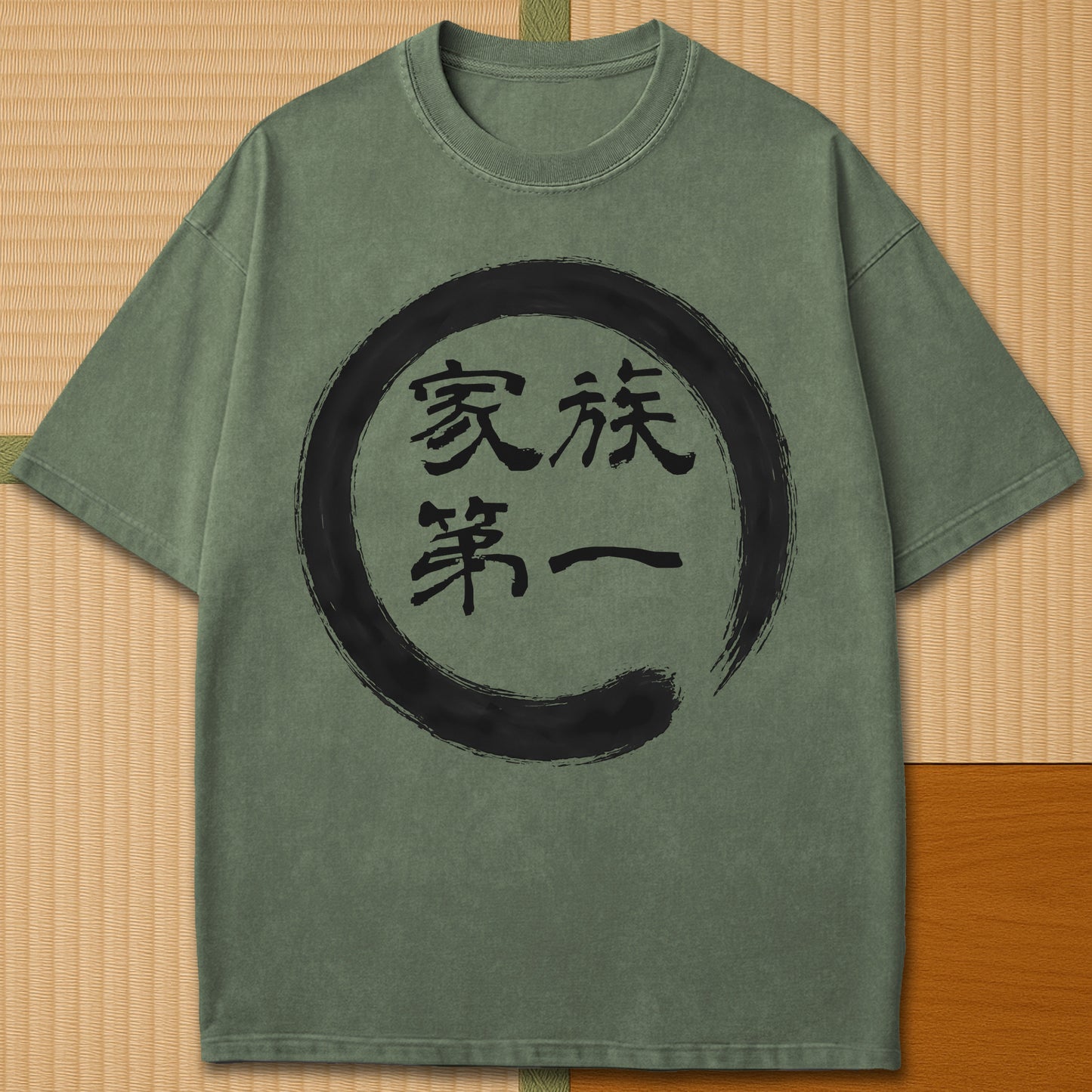Japanese-inspired cotton Family First In Japanese T-Shirt in Moss on Comfort Colors 1717, styled in a modern flatlay scene.