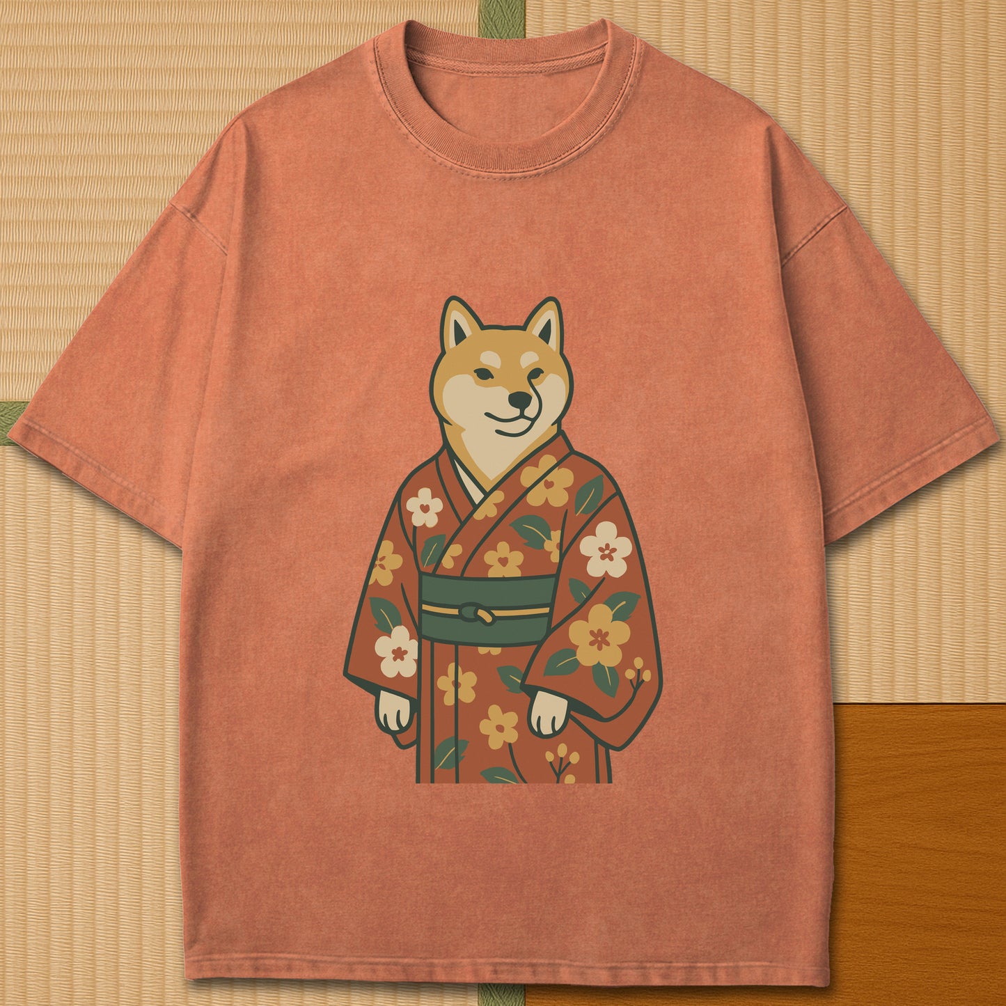 Japanese-inspired cotton Nihon Spirit Shiba T-Shirt in Yam on Comfort Colors 1717, styled in a modern flatlay scene.