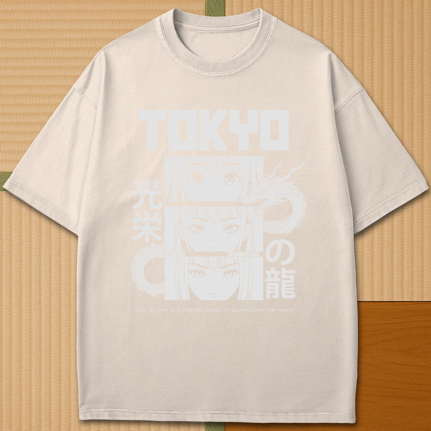 Japanese-inspired cotton Dragon Of Honor T-Shirt in Ivory on Comfort Colors 1717, styled in a modern flatlay scene.