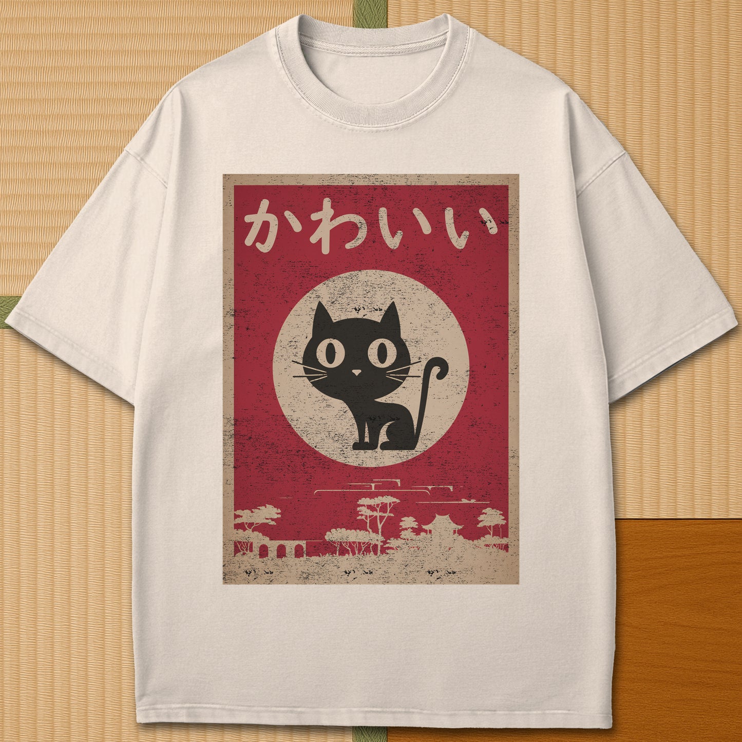 Japanese-inspired cotton Kawaii Cat T-Shirt in Ivory on Comfort Colors 1717, styled in a modern flatlay scene.